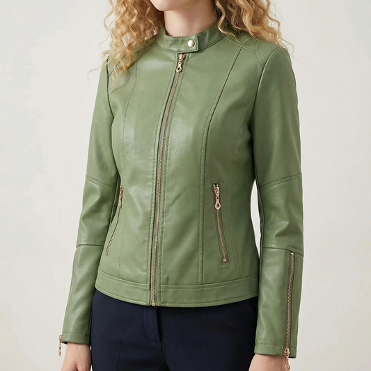 Veste en Similicuir Style Motard Boutons Décoratifs pour Femme