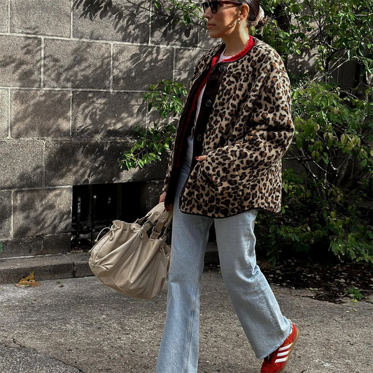 Veste d'Automne Imprimé Léopard Col Rond pour Femme