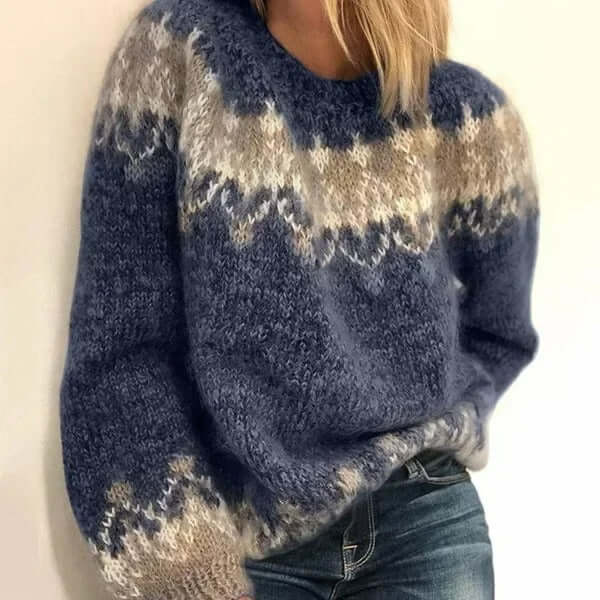 Pull Jacquard Scandinave à Finitions Côtelées pour Femme
