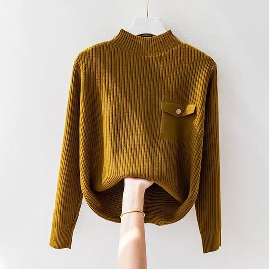 Pull Côtelé Col Montant à Rabat Boutonné pour Femme