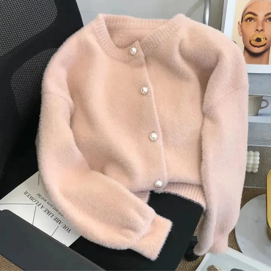 Cardigan en Maille Velours Boutons Perlés pour Femme