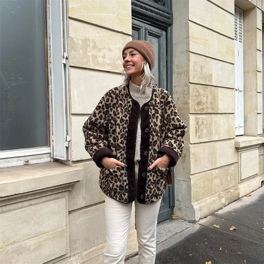 Veste d'Automne Imprimé Léopard Col Rond pour Femme