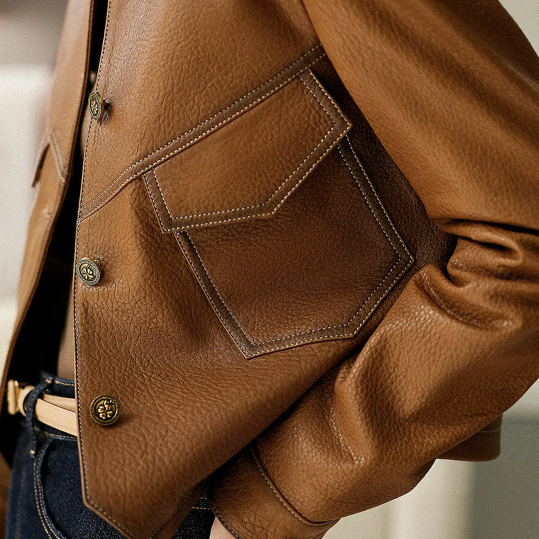 Blazer en Similicuir Court Revers Structuré pour Femme