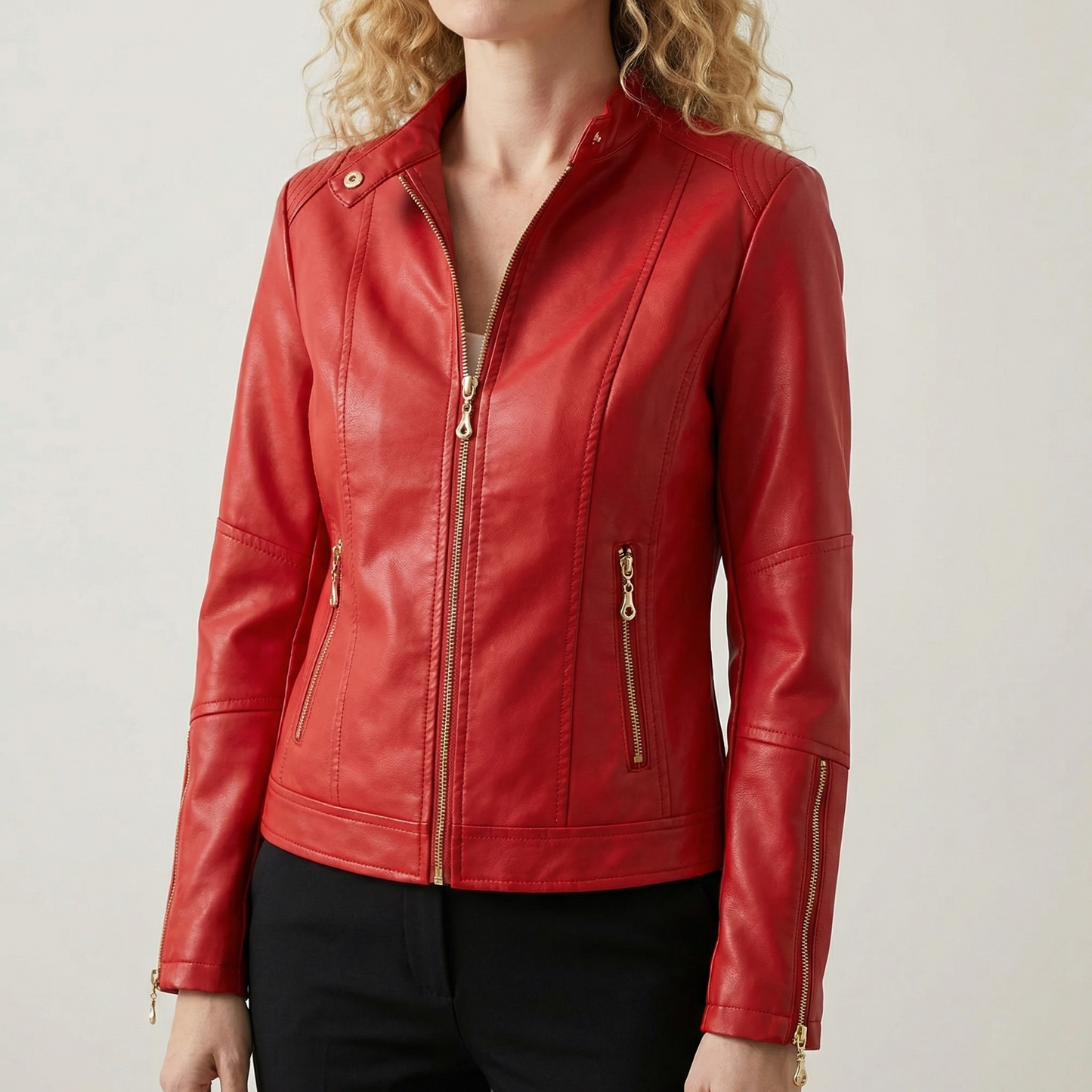 Veste en Similicuir Style Motard Boutons Décoratifs pour Femme