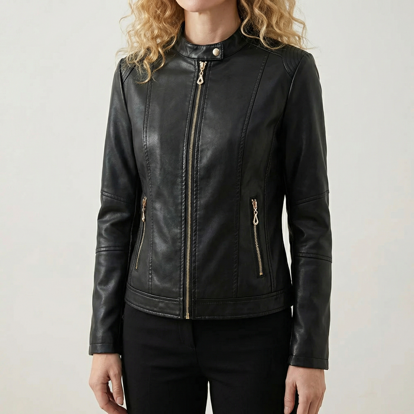 Veste en Similicuir Style Motard Boutons Décoratifs pour Femme