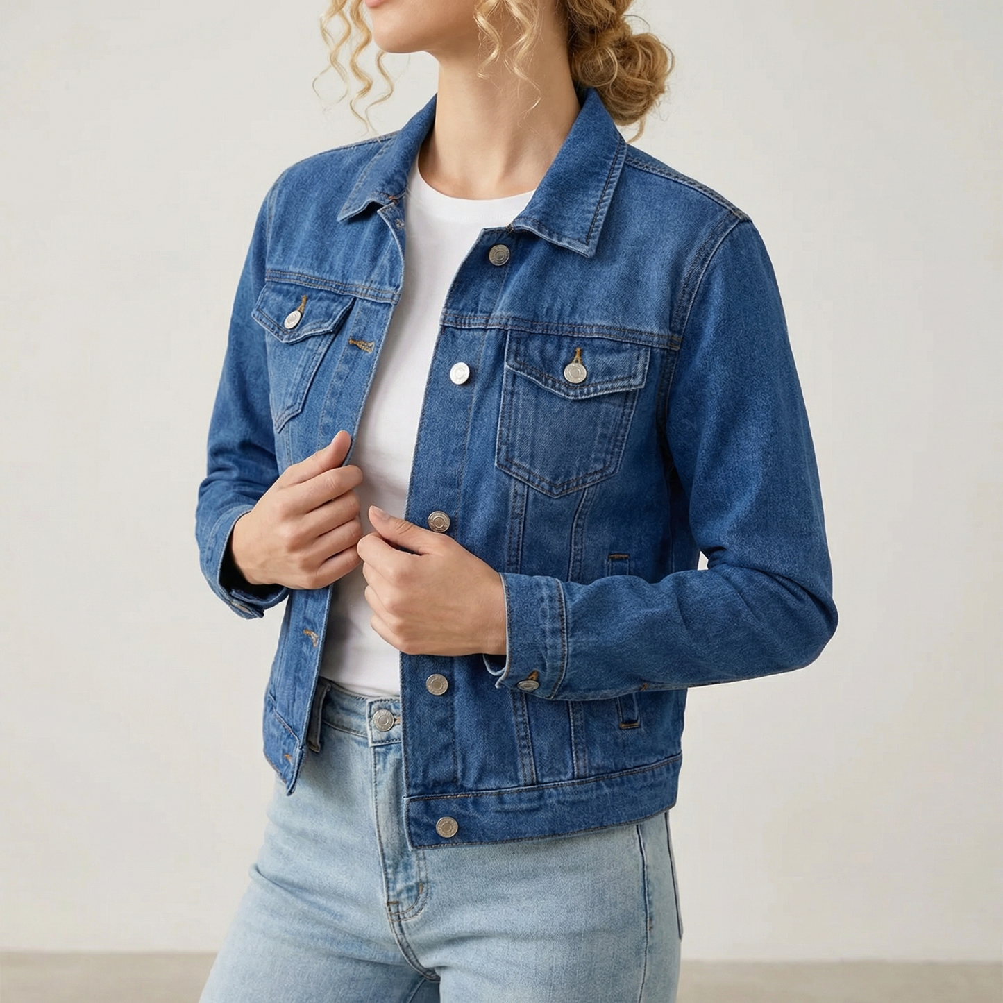 Veste en Denim Col Revers Poches Poitrine pour Femme