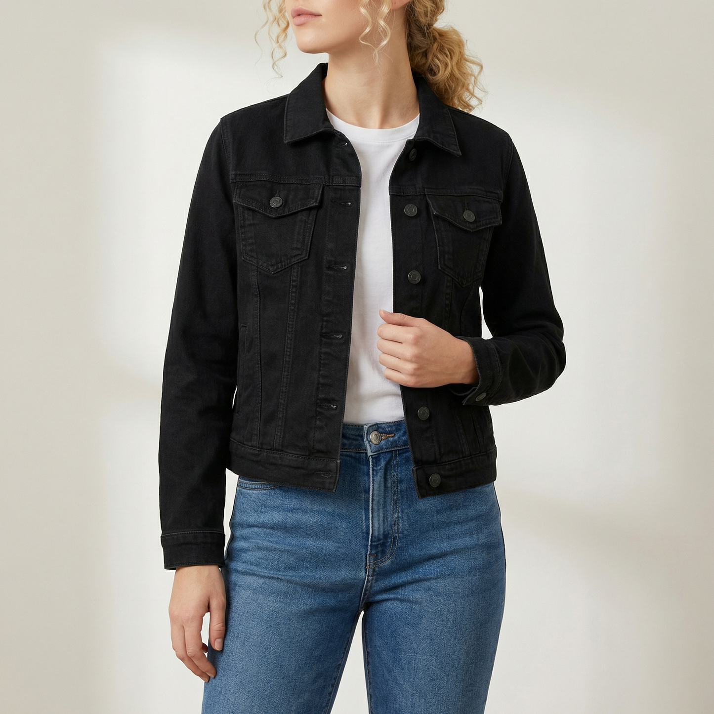 Veste en Denim Col Revers Poches Poitrine pour Femme