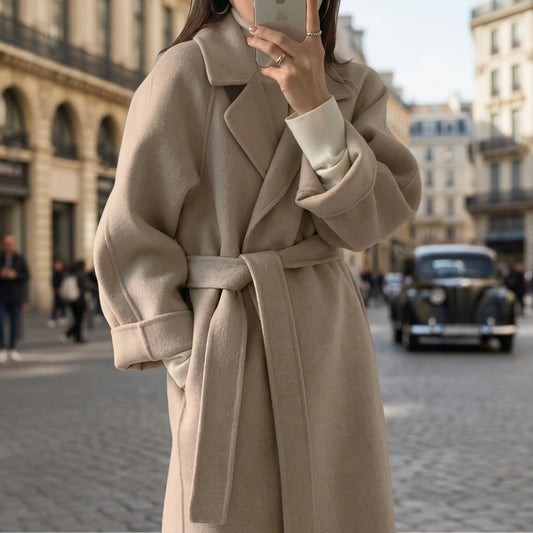 Manteau en Laine Ceinturé Col Cranté pour Femme