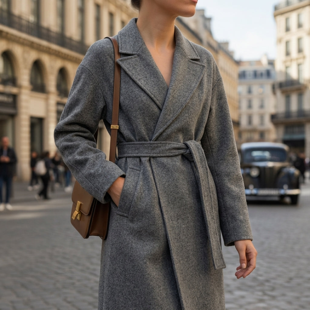 Manteau en Laine Ceinturé Col Cranté pour Femme
