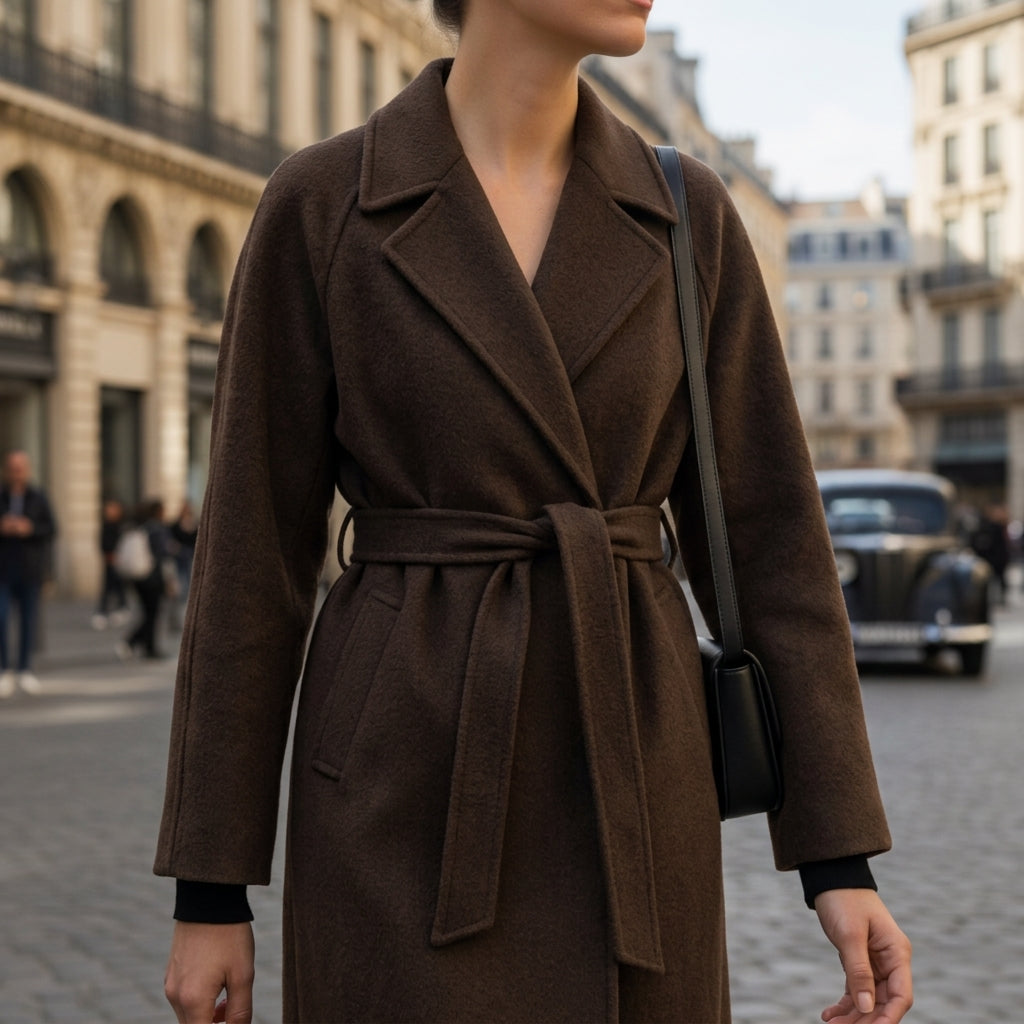 Manteau en Laine Ceinturé Col Cranté pour Femme