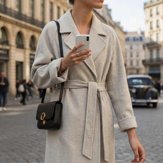 Manteau en Laine Ceinturé Col Cranté pour Femme
