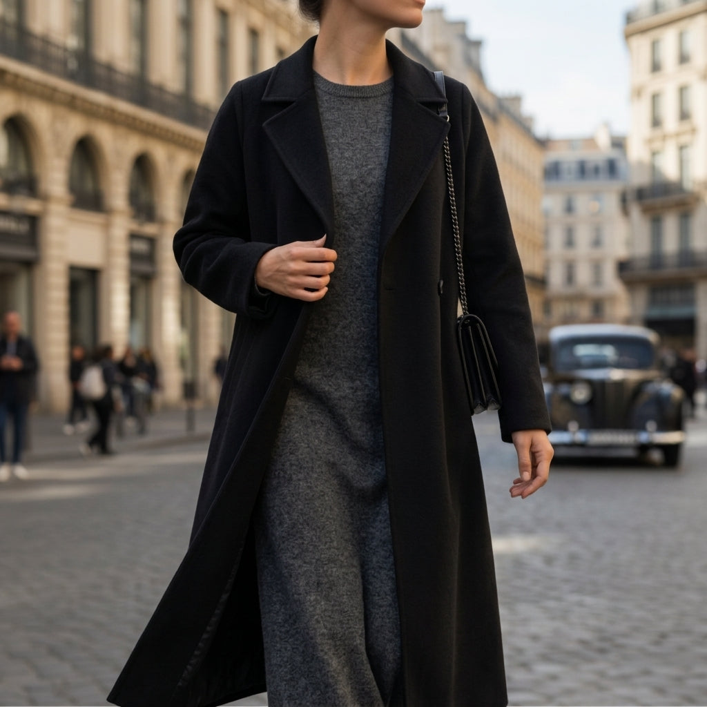 Manteau en Laine Ceinturé Col Cranté pour Femme