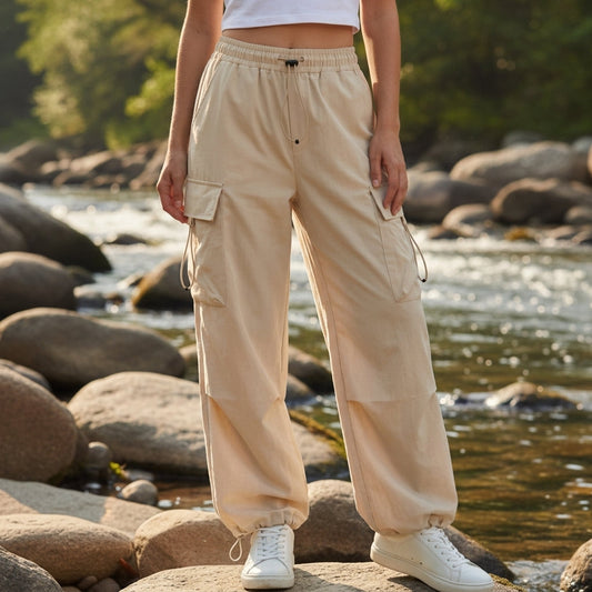 Pantalon Cargo Jambe Large Cordon de Serrage pour Femme