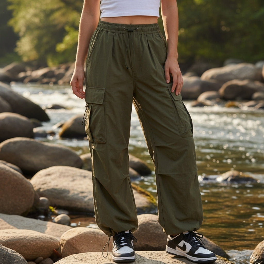 Pantalon Cargo Jambe Large Cordon de Serrage pour Femme