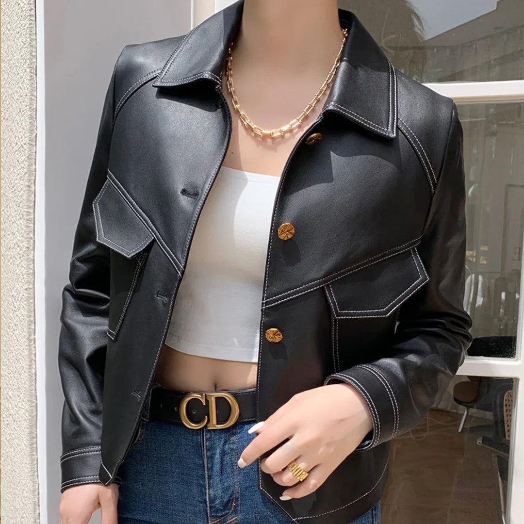 Blazer en Similicuir Court Revers Structuré pour Femme