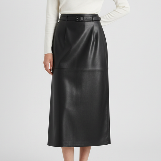 Jupe Taille Haute en Similicuir Ceinture Boucle pour Femme