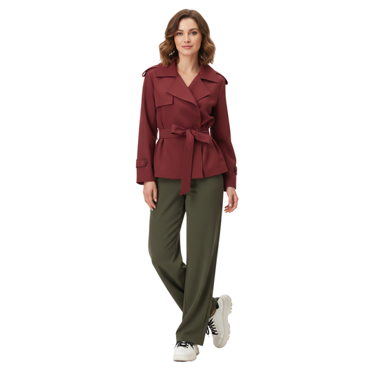 Trench-Coat Court Col Revers Ceinture Nouée pour Femme