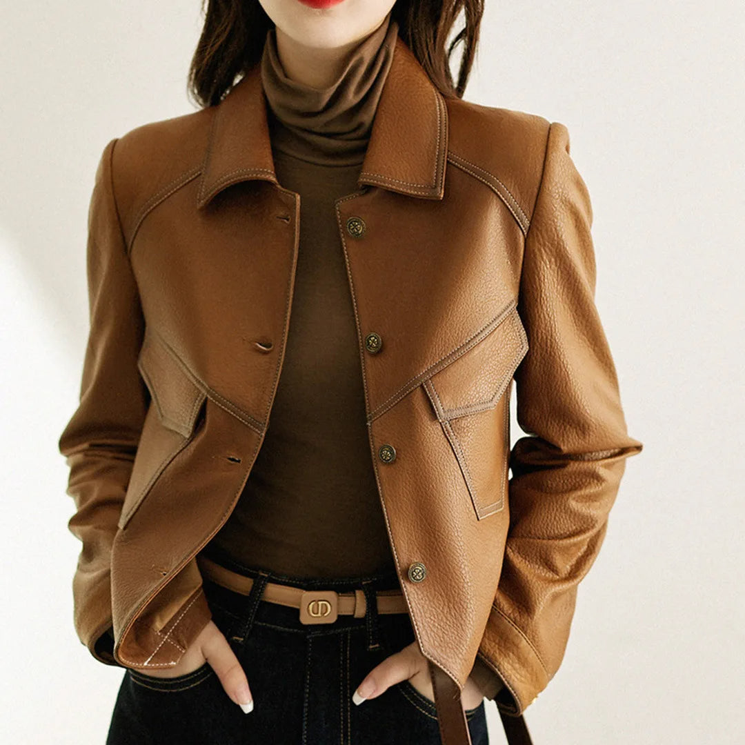 Blazer en Similicuir Court Revers Structuré pour Femme