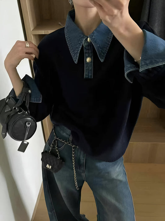 Pull Bicolore Col Revers Boutonné pour Femme