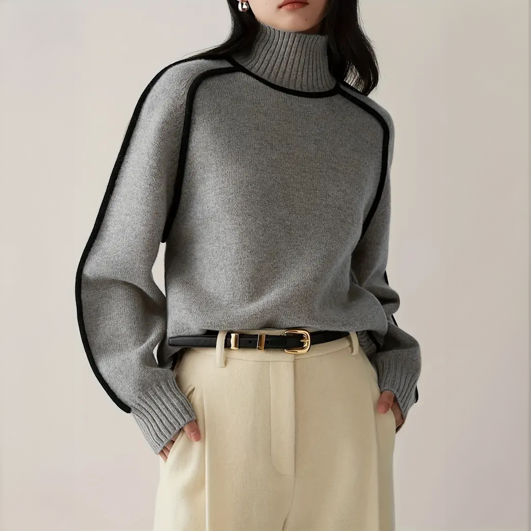 Pull Col Roulé à Liseré Contrasté pour Femme