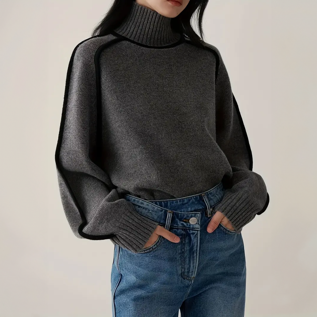 Pull Col Roulé à Liseré Contrasté pour Femme