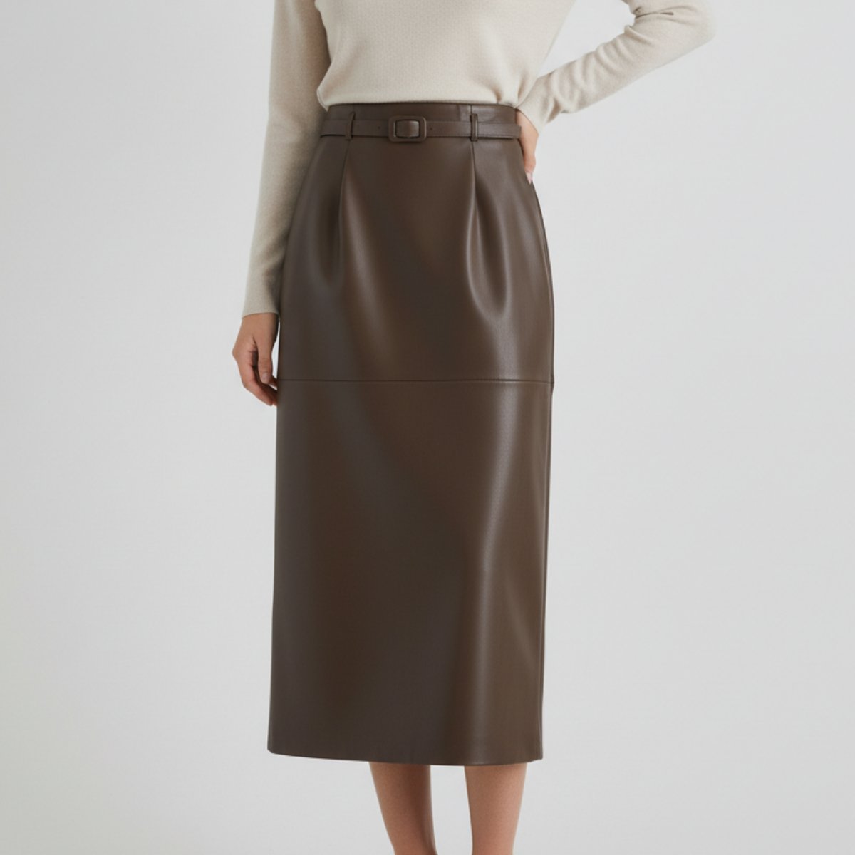 Jupe Taille Haute en Similicuir Ceinture Boucle pour Femme