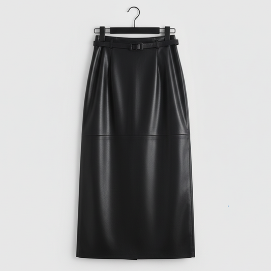 Jupe Taille Haute en Similicuir Ceinture Boucle pour Femme