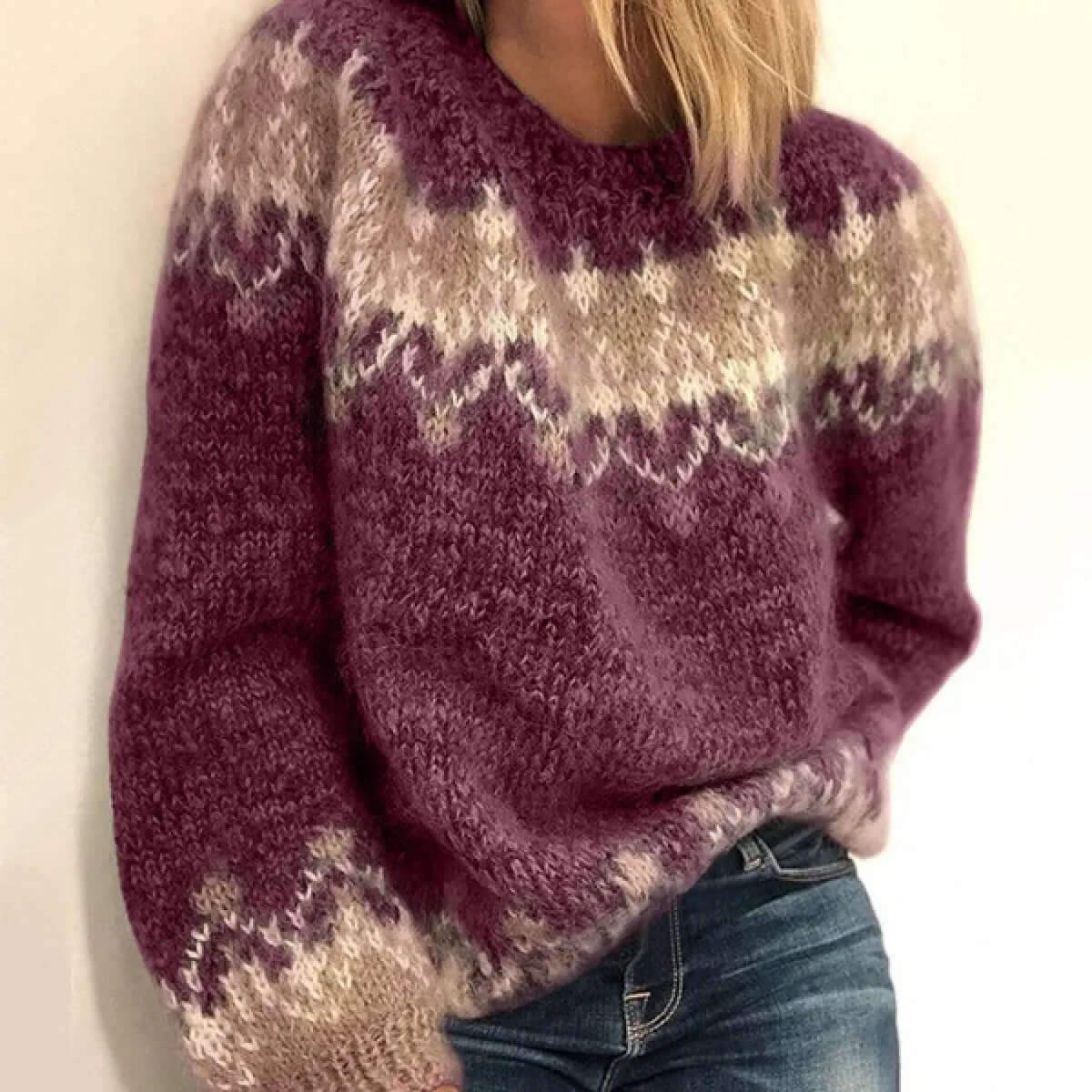 Pull Jacquard Scandinave à Finitions Côtelées pour Femme