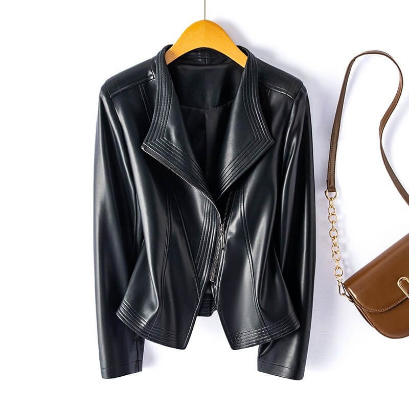Veste en Similicuir Large Revers Zip Asymétrique pour Femme
