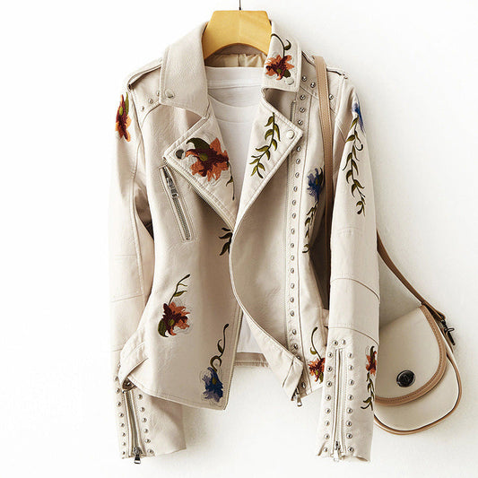 Veste en Similicuir Brodée Clous Métalliques pour Femme