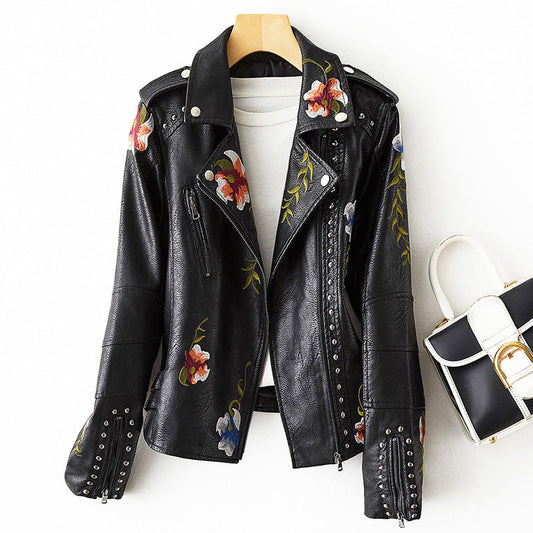 Veste en Similicuir Brodée Clous Métalliques pour Femme