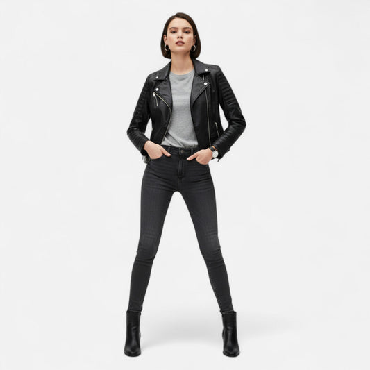 Veste en Cuir Véritable Design Biker pour Femme