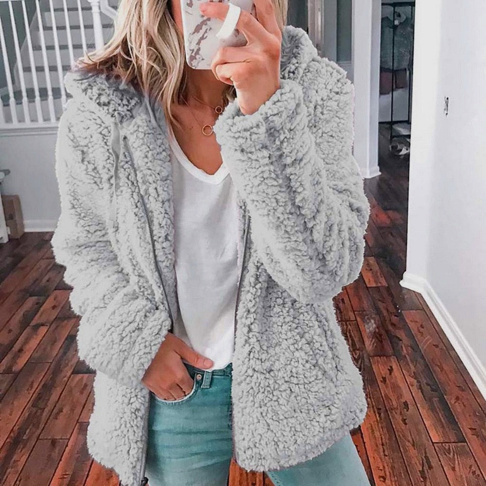 Veste Effet Teddy à Capuche pour Femme