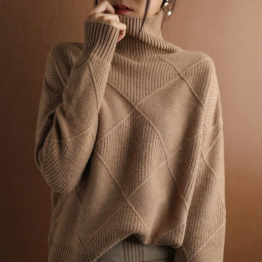 Pull Col Roulé Motif Losange Tricoté Main pour Femme