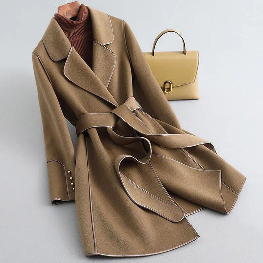 Trench-Coat en Laine Vierge Ceinture Nouée pour Femme