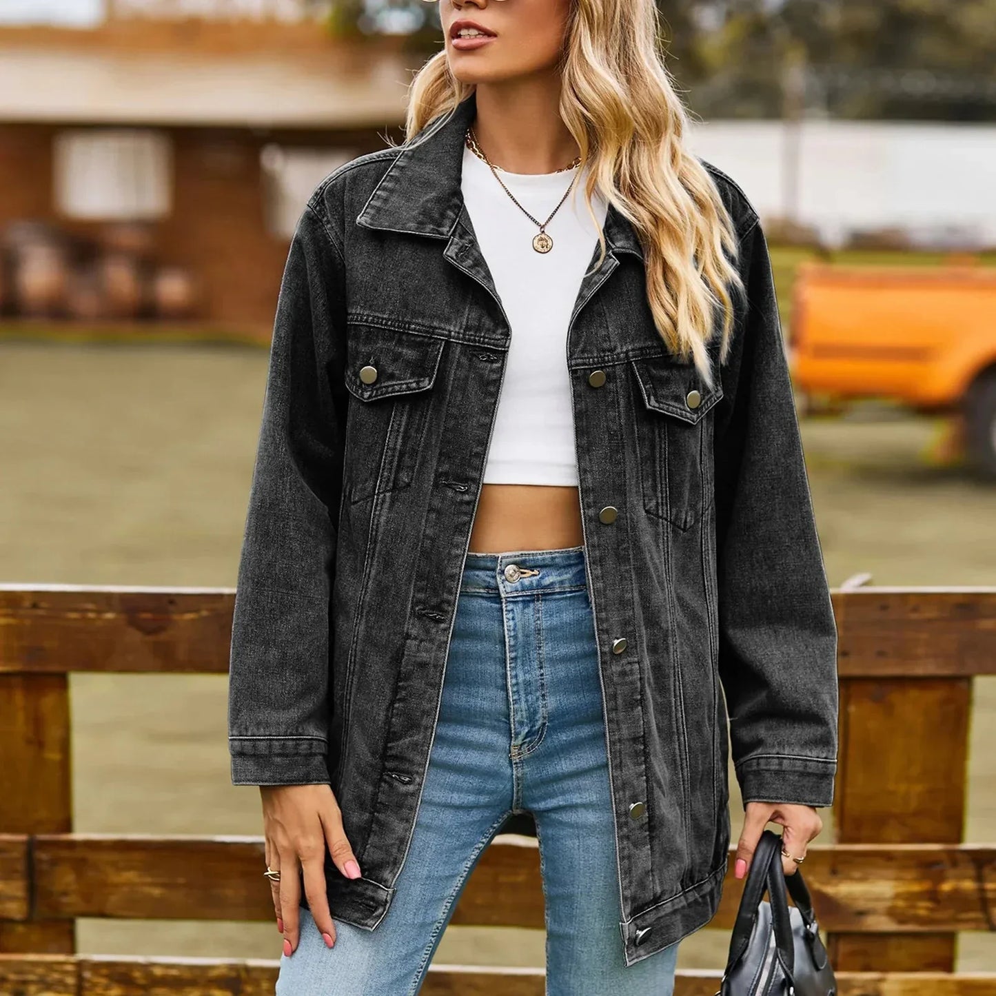 Veste en Denim Délavée Poches à Rabat pour Femme