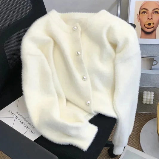 Cardigan en Maille Velours Boutons Perlés pour Femme