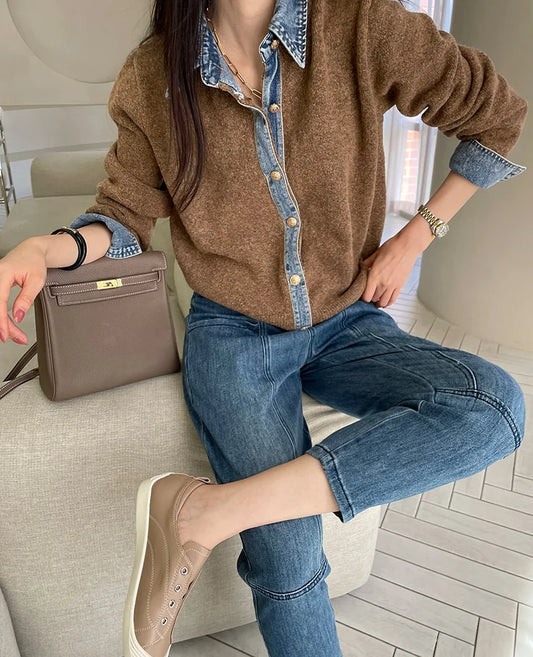 Cardigan Contrasté Denim Col Structuré pour Femme