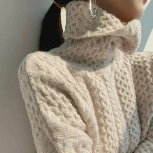 Pull Col Roulé Torsadé Tricoté Main pour Femme