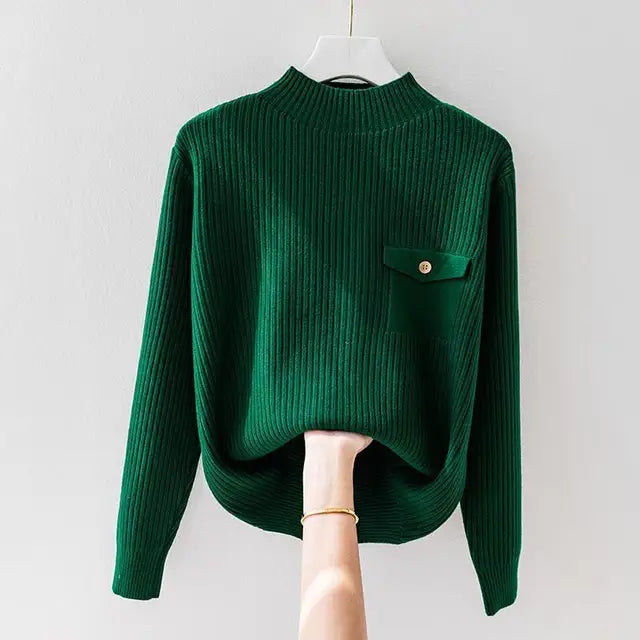 Pull Côtelé Col Montant à Rabat Boutonné pour Femme