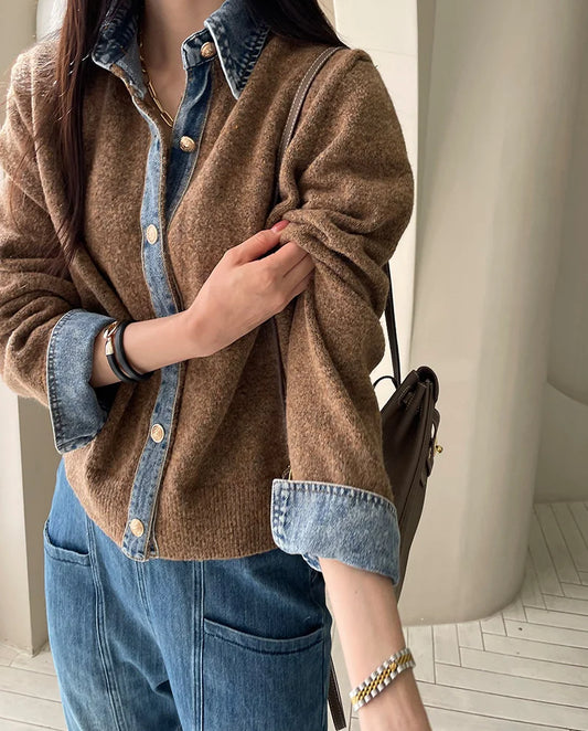 Cardigan Contrasté Denim Col Structuré pour Femme