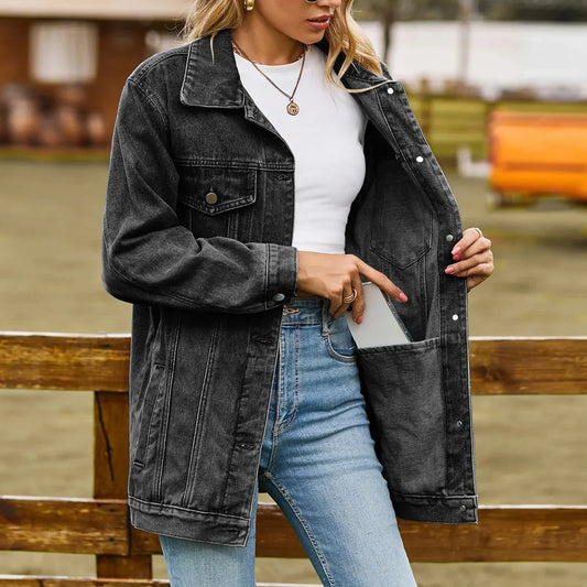Veste en Denim Délavée Poches à Rabat pour Femme