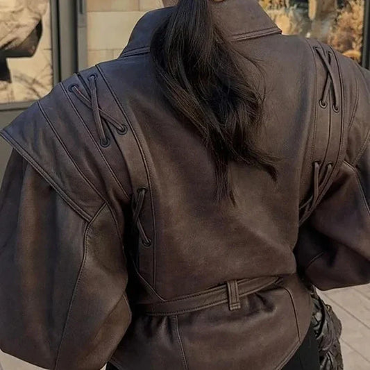 Veste en Similicuir Ceinturée Épaules Structurées pour Femme