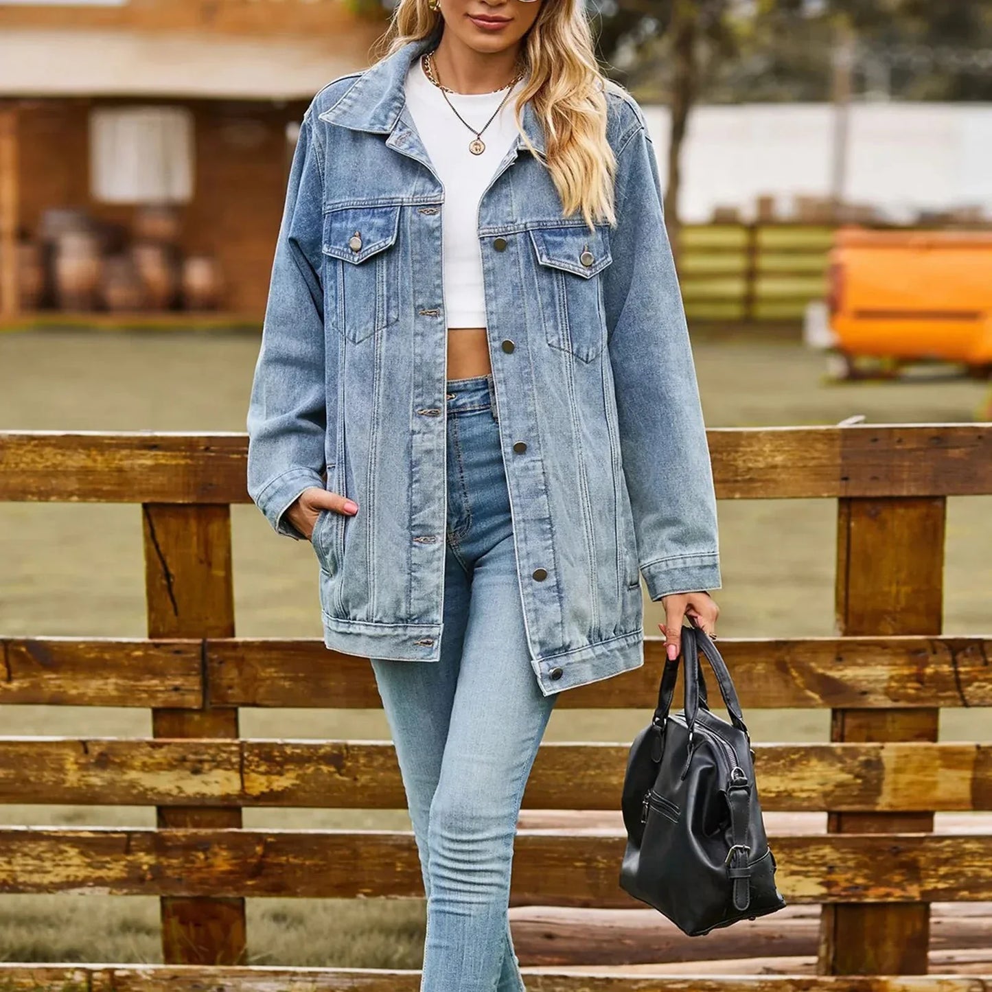 Veste en Denim Délavée Poches à Rabat pour Femme