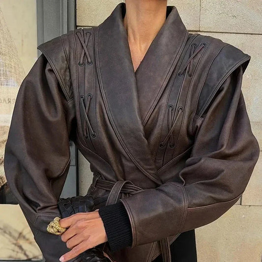 Veste en Similicuir Ceinturée Épaules Structurées pour Femme