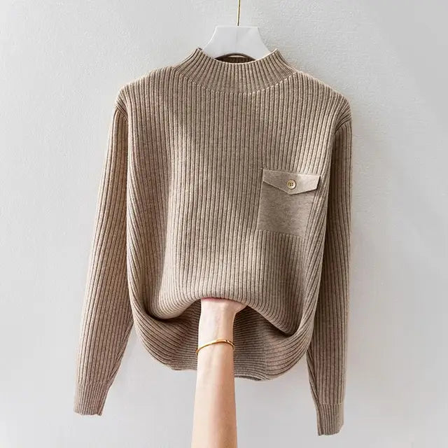 Pull Côtelé Col Montant à Rabat Boutonné pour Femme