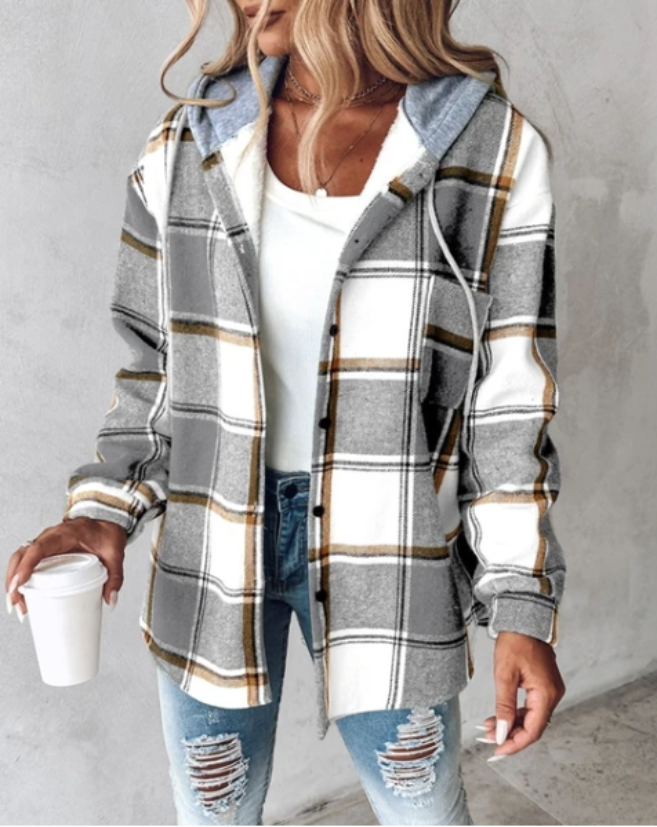 Veste à Carreaux Capuche Doublure Chaude pour Femme