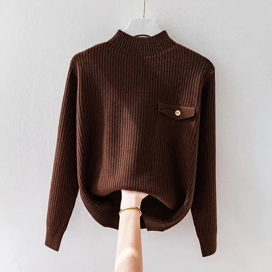 Pull Côtelé Col Montant à Rabat Boutonné pour Femme