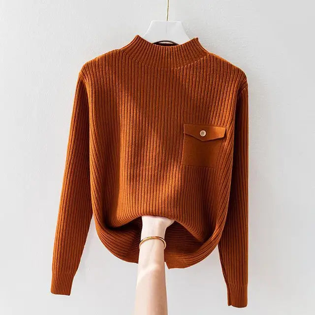 Pull Côtelé Col Montant à Rabat Boutonné pour Femme