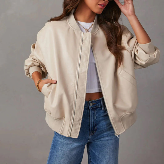 Veste en Similicuir Col Officier Zippée pour Femme